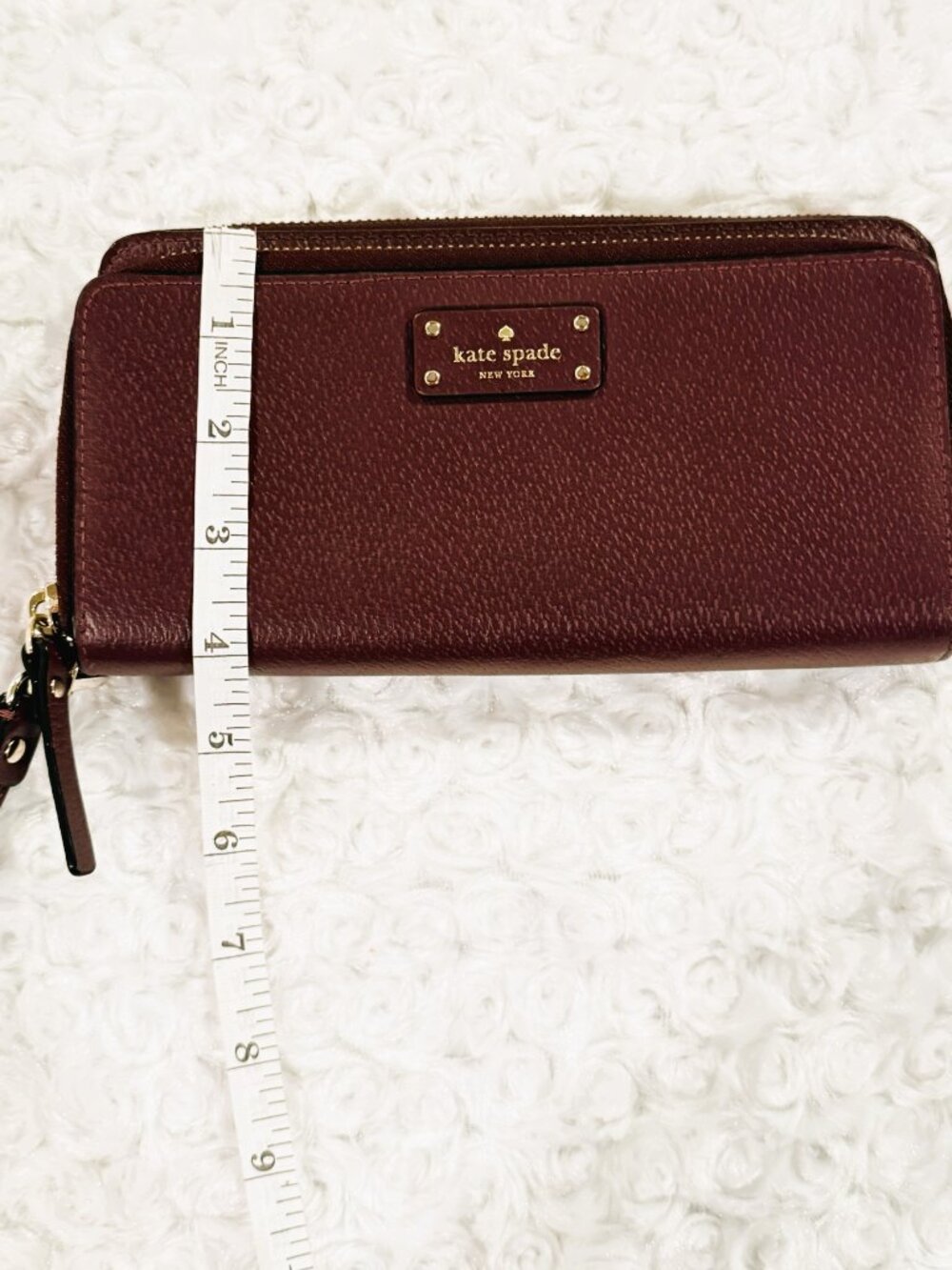 Kate Spade New York Double Zip Wristlet Wallet Burgandy Pebble Leather - Picture 9 of 11